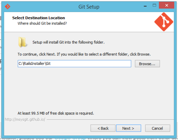 Screenshot showing the step of installation where the location to install git is set