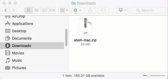 Animation of extracting the Atom zip file and moving the contents to the Applications folder